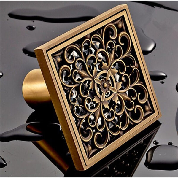 10cm Brass Bathroom Floor Drain, Art Carved Flower Pattern Square Shower Sink Drain Strainer Cover Grate Drain with Removable Cover for Hotel Home 202