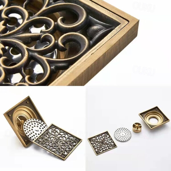 10cm Brass Bathroom Floor Drain, Art Carved Flower Pattern Square Shower Sink Drain Strainer Cover Grate Drain with Removable Cover for Hotel Home 202