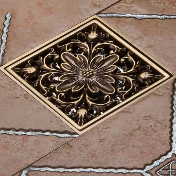 10cm Brass Bathroom Floor Drain, Art Carved Flower Pattern Square Shower Sink Drain Strainer Cover Grate Drain with Removable Cover for Hotel Home 202