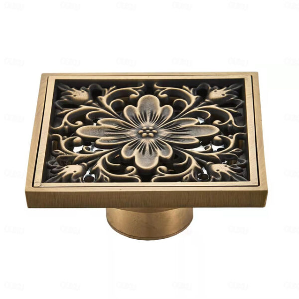 10cm Brass Bathroom Floor Drain, Art Carved Flower Pattern Square Shower Sink Drain Strainer Cover Grate Drain with Removable Cover for Hotel Home 202