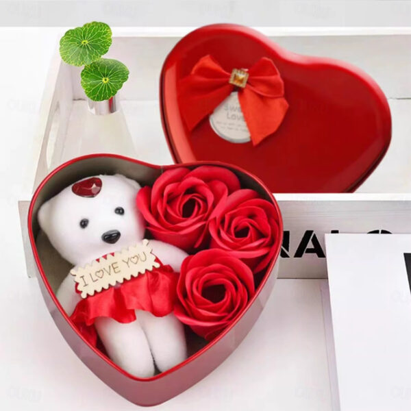 1pc Heart-Shaped Tinplate Box 3 Little Bear Rose Soap Flower Gift Box Qixi Valentine'S Day Gift Imitation Flowers Holiday Gifts For Mothers Friends Bi