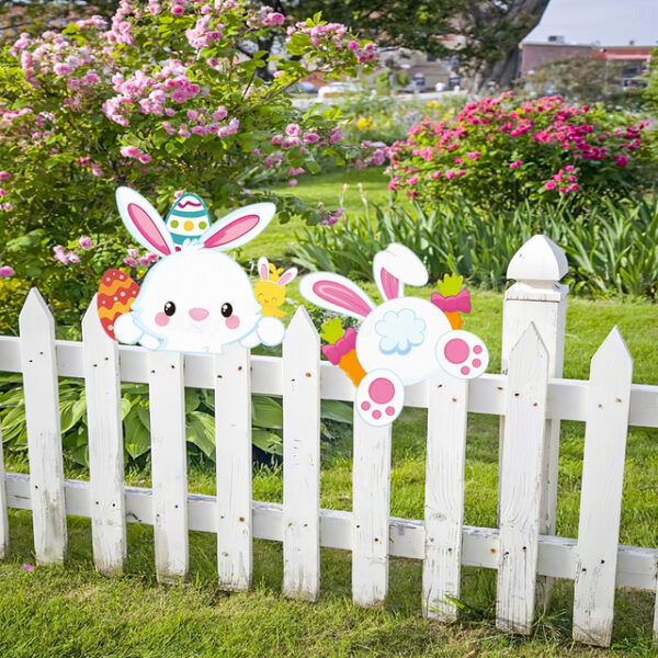 2PC Easter Bunny Fence Decoration Set – Hollow Board Material, Colorful Printed Bunny Railing Decor, Outdoor Yard Fence Ornament, Easter Holiday Festi