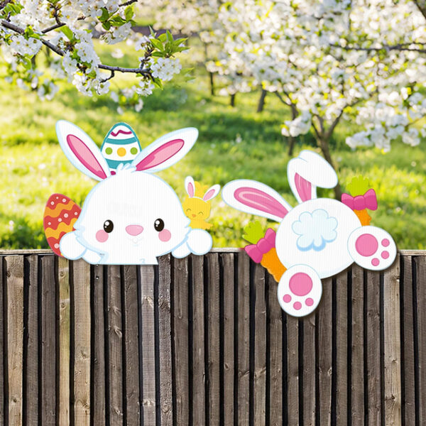 2PC Easter Bunny Fence Decoration Set – Hollow Board Material, Colorful Printed Bunny Railing Decor, Outdoor Yard Fence Ornament, Easter Holiday Festi