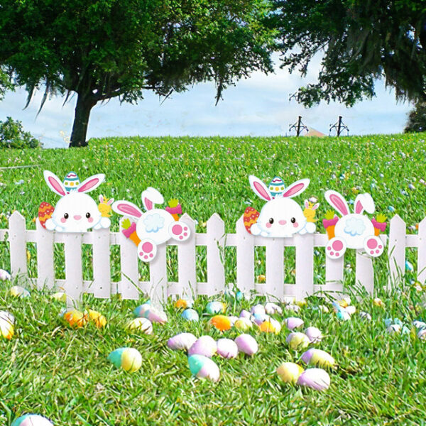 2PC Easter Bunny Fence Decoration Set – Hollow Board Material, Colorful Printed Bunny Railing Decor, Outdoor Yard Fence Ornament, Easter Holiday Festi
