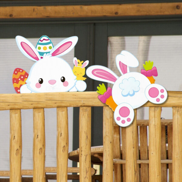 2PC Easter Bunny Fence Decoration Set – Hollow Board Material, Colorful Printed Bunny Railing Decor, Outdoor Yard Fence Ornament, Easter Holiday Festi