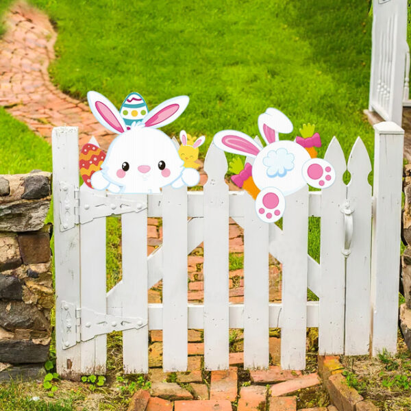 2PC Easter Bunny Fence Decoration Set – Hollow Board Material, Colorful Printed Bunny Railing Decor, Outdoor Yard Fence Ornament, Easter Holiday Festi