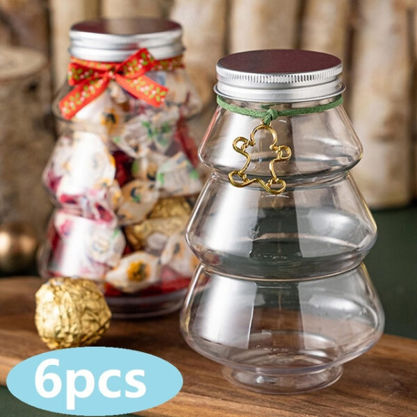 6Pcs 500ml Cookie Candy Jars with Decor Strap Unbroken Christmas Tree Shape Cover Design Good Sealing Store Snacks Transparent Christmas Tree Decorati