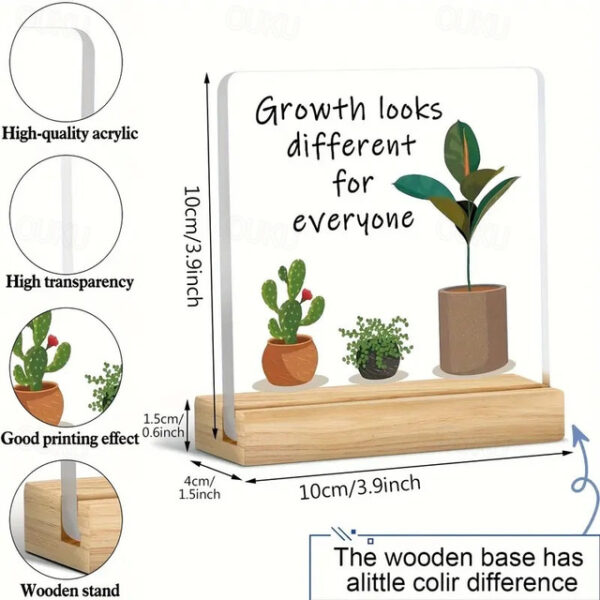 Acrylic Plaque with Wooden Base, 'Growth looks different for everyone' Inspirational Home Décor, Motivational Desk Ornament, Perfect Gift for Colleagu