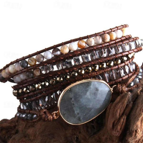 Adjustable Boho Stone Wrap Bracelet - Fashionable Bohemian Style with Authentic Natural Stones - Exquisite Handmade Jewelry for Multi-Layered Charm -