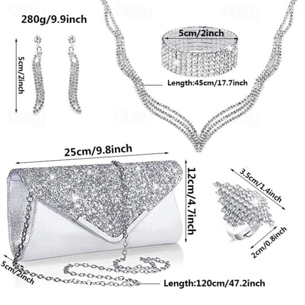 Bride Fashion Diamond Necklace Earrings Bracelet Ring Pu Sequin Handheld Bag Dinner Bag Set of Five 2025 - US $29.99