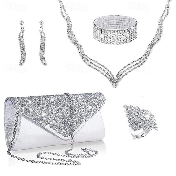 Bride Fashion Diamond Necklace Earrings Bracelet Ring Pu Sequin Handheld Bag Dinner Bag Set of Five 2025 - US $29.99