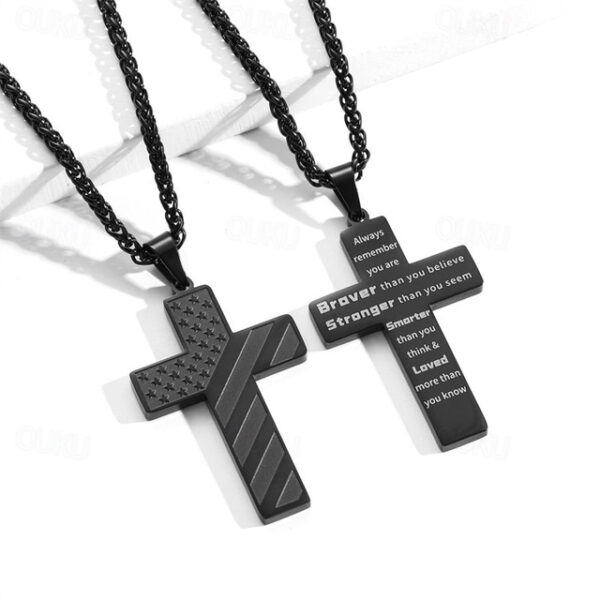 Freedom Cross Pendant, Easter Gift for Him Stainless Steel American Flag Necklace, Engraved Inspirational Quote, Patriotic Christian Jewelry, 24" Whea