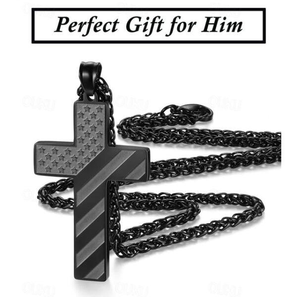 Freedom Cross Pendant, Easter Gift for Him Stainless Steel American Flag Necklace, Engraved Inspirational Quote, Patriotic Christian Jewelry, 24" Whea