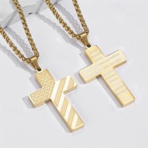Freedom Cross Pendant, Easter Gift for Him Stainless Steel American Flag Necklace, Engraved Inspirational Quote, Patriotic Christian Jewelry, 24" Whea