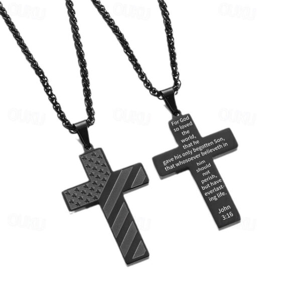 Freedom Cross Pendant, Easter Gift for Him Stainless Steel American Flag Necklace, Engraved Inspirational Quote, Patriotic Christian Jewelry, 24" Whea