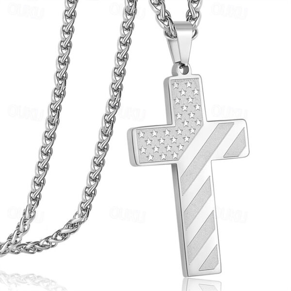 Freedom Cross Pendant, Easter Gift for Him Stainless Steel American Flag Necklace, Engraved Inspirational Quote, Patriotic Christian Jewelry, 24" Whea