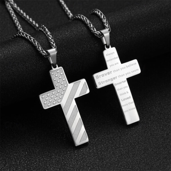 Freedom Cross Pendant, Easter Gift for Him Stainless Steel American Flag Necklace, Engraved Inspirational Quote, Patriotic Christian Jewelry, 24" Whea