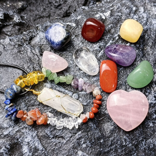 Healing Crystals，Natural Crystal Jade Seven Colored Stone Combination Set Pink Crystal Love Hexagonal Column Pendant With Multi Color Matching Gift Bo