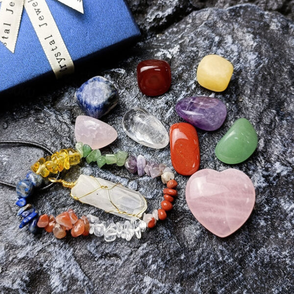 Healing Crystals，Natural Crystal Jade Seven Colored Stone Combination Set Pink Crystal Love Hexagonal Column Pendant With Multi Color Matching Gift Bo