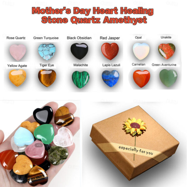 Mother's Day Crystal Stone Gift Box Featuring Rose Quartz, Purple Amethyst, Polished Love Stone, and Palm Natural Gemstones for a Timeless Expression