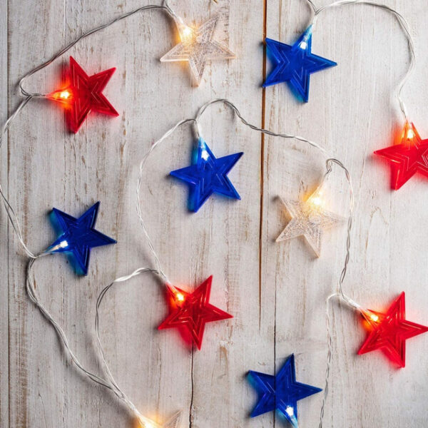 Patriotic 10ft 20LED Star String Lights Decor Independence Day, Fourth of July LED Star Fairy Lights with Remote Control Red White Blue 8 Modes Batte