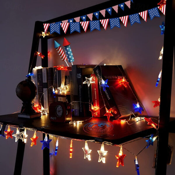 Patriotic 10ft 20LED Star String Lights Decor Independence Day, Fourth of July LED Star Fairy Lights with Remote Control Red White Blue 8 Modes Batte