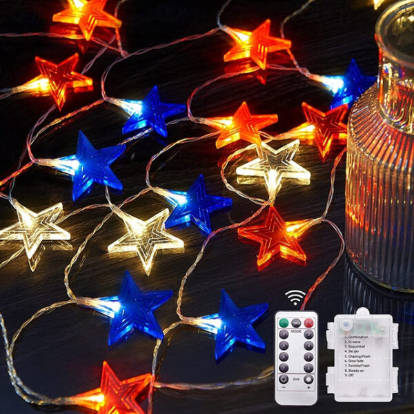 Patriotic 10ft 20LED Star String Lights Decor Independence Day, Fourth of July LED Star Fairy Lights with Remote Control Red White Blue 8 Modes Batte