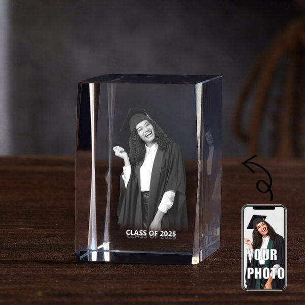Personalized Graduation Gift Custom 3D Engraved Crystal Photo Class of 2025 Graduate Inspirational Gifts Rectangle Shaped Holographic Laser Photo Deco