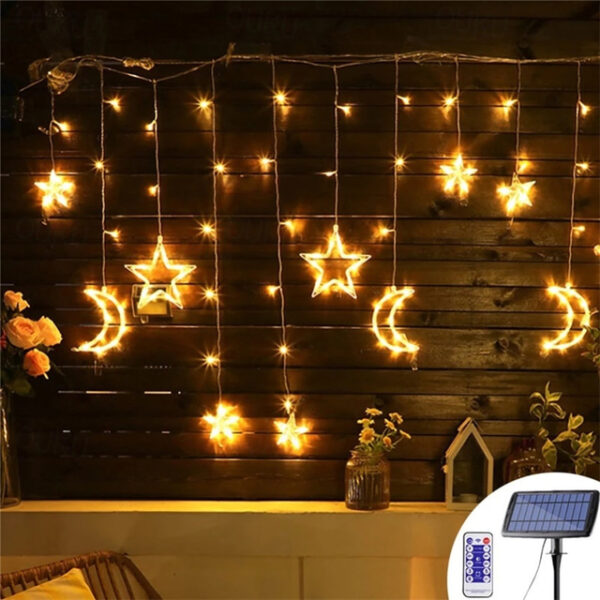 Ramadan Eid Lights Outdoor Solar LED String Light with Remote Controller Moon Star Shape Waterproof Décor Lighting for Patio Garland Lawn Yard Colorfu