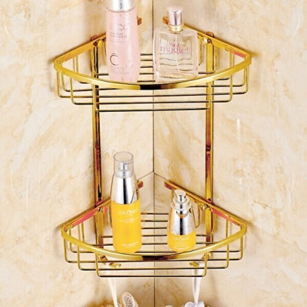 Shower Caddy Double-deck Brass Material Triangular Storage Basket for Bathroom with 2 Hooks Polished Bath Corner Shelf Gold 1pc 2025 - US $122.99