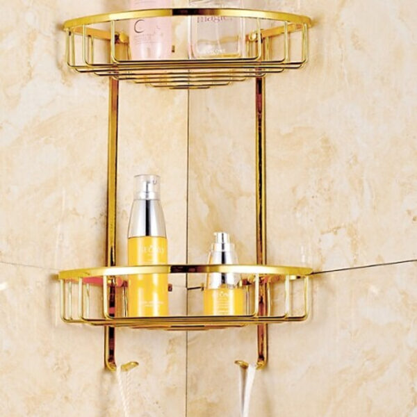 Shower Caddy Double-deck Brass Material Triangular Storage Basket for Bathroom with 2 Hooks Polished Bath Corner Shelf Gold 1pc 2025 - US $122.99