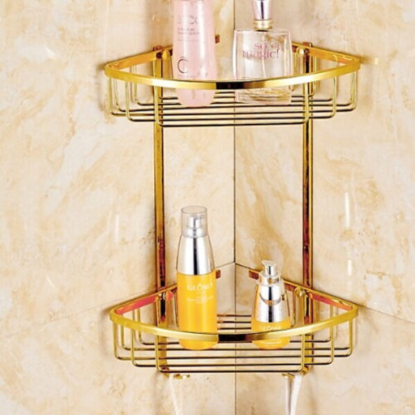 Shower Caddy Double-deck Brass Material Triangular Storage Basket for Bathroom with 2 Hooks Polished Bath Corner Shelf Gold 1pc 2025 - US $122.99