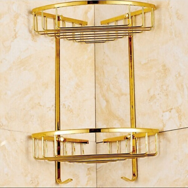 Shower Caddy Double-deck Brass Material Triangular Storage Basket for Bathroom with 2 Hooks Polished Bath Corner Shelf Gold 1pc 2025 - US $122.99