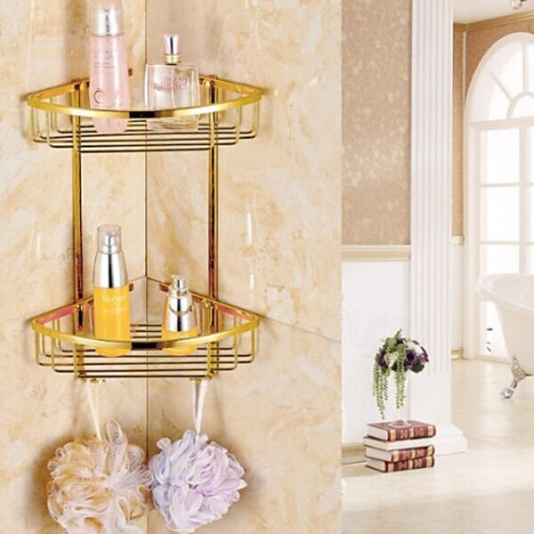 Shower Caddy Double-deck Brass Material Triangular Storage Basket for Bathroom with 2 Hooks Polished Bath Corner Shelf Gold 1pc 2025 - US $122.99