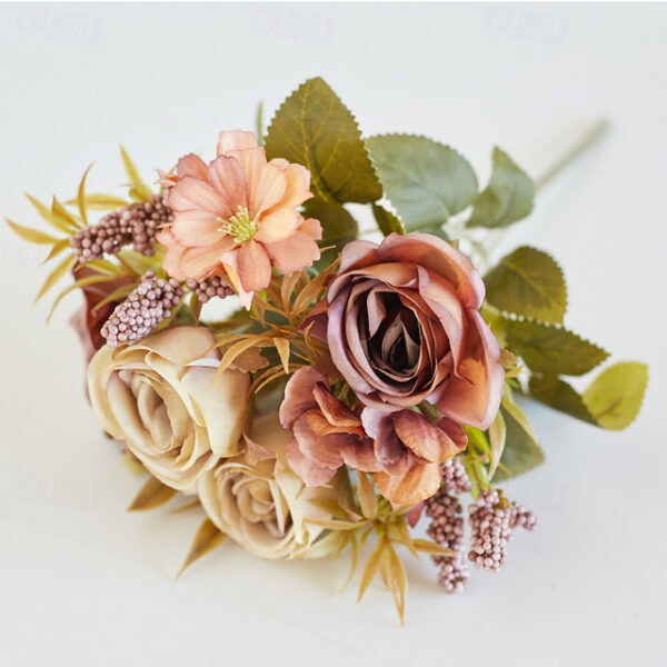 Simulated Flower 6 Forks Smoke And Rain Rose Home Decoration Artificial Flower Rose Silk Flower European Style Color Scheme Hotel Dining Table Flower