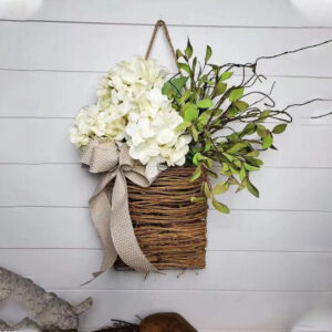 Spring Wreath Floral Artificial Hydrangea and Vine Basket Door Hanging Decoration with Rustic Twigs for Front Door, Porch, Living Room, Cafe, and Wedd