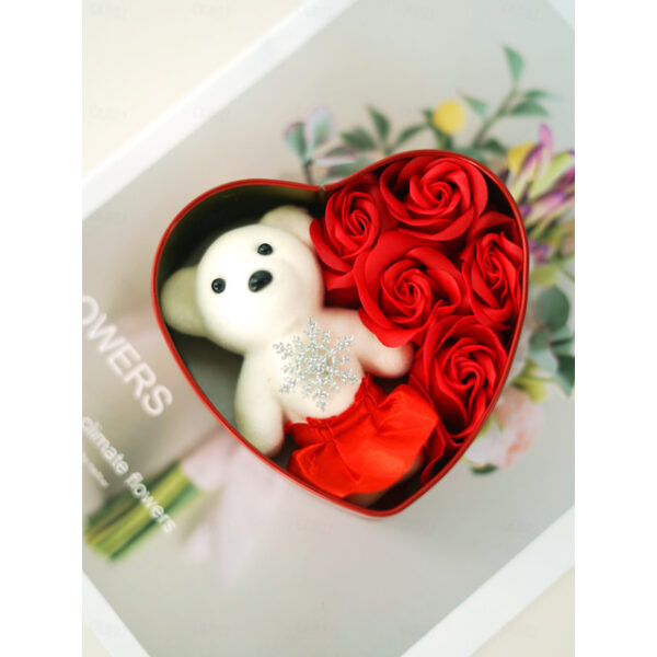 Valentine's Day Gift Set - Heart-shaped Tin Box with 5 Soap Flowers, Teddy Bear, Christmas Bow & Bells - Romantic Present for Girlfriend, Holiday Part